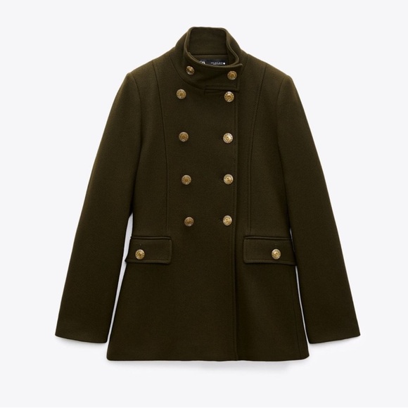ZARA Dark Olive Pea Coat with Gold Buttons - Picture 5 of 13